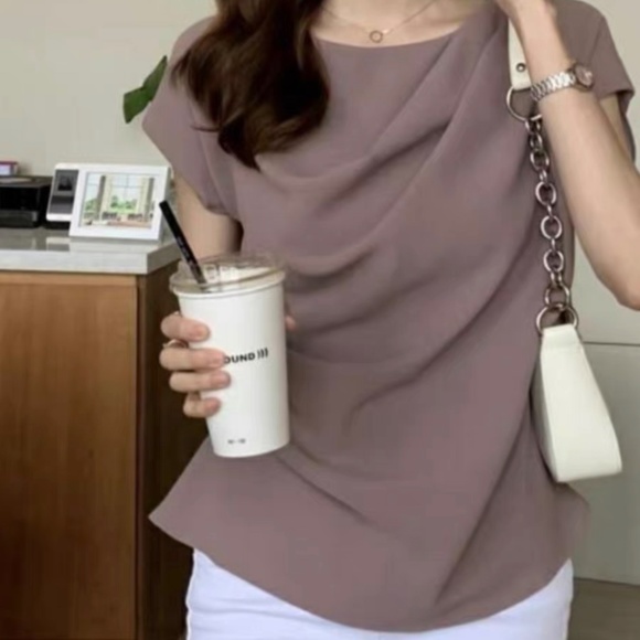 Dusty Rose Short Sleeve Cowl Neck Blouse - Picture 2 of 7